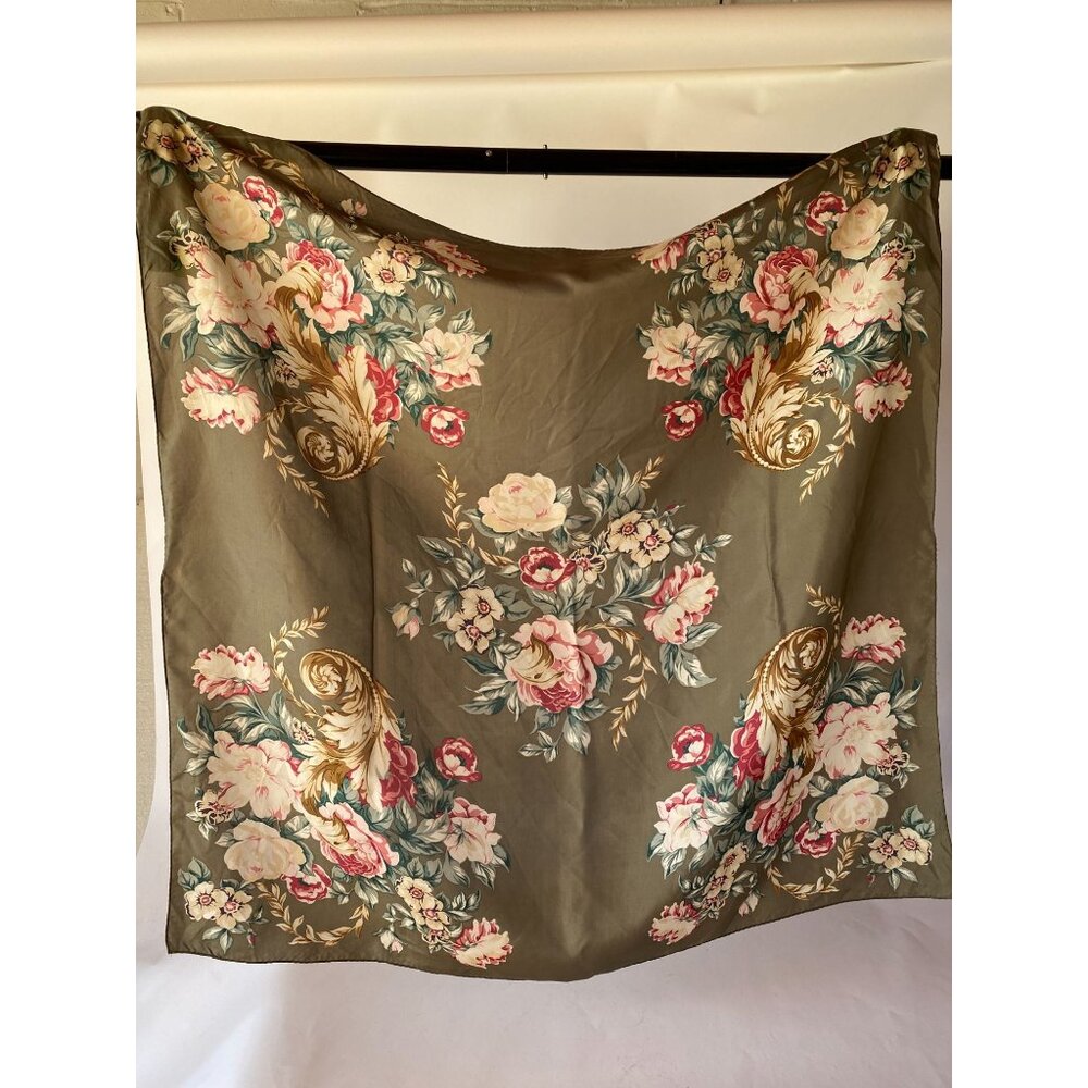 Vintage Floral Silk Scarf Shawl Wrap With Large Rose Pattern